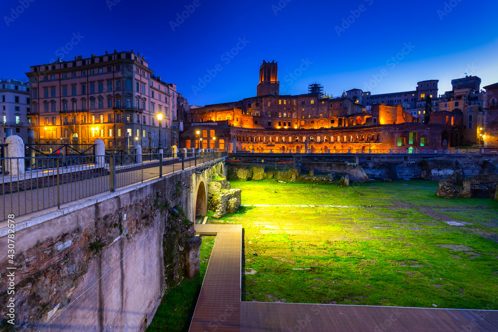 Ruins of the Trajan Forum in Rome at night, Italy