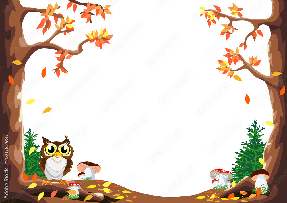 Fototapeta premium Vector illustration of a fairy tale autumn background frame made of trees, mushrooms, falling leaves and a cute owl in a cartoon style on a white background.