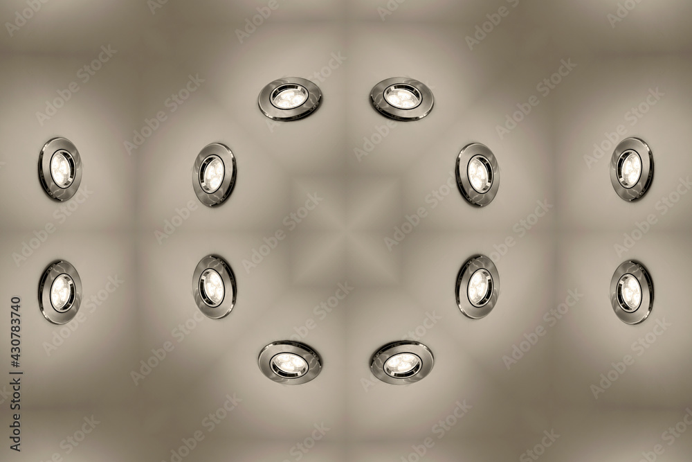 Kaleidoscopic pattern of a ceiling LED spotlight 