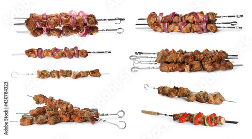 Quadro em tela Metal skewers with delicious meat on white background, collage