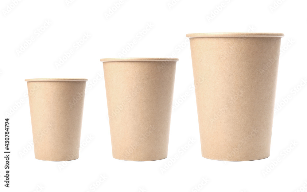 Set with different takeaway coffee cups on white background Set with different takeaway coffee cups on white background