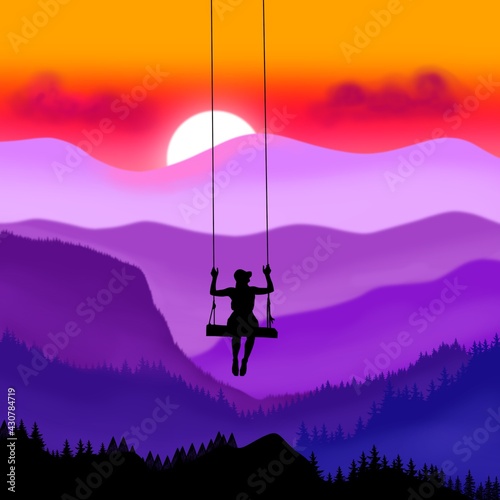 Silhouette of a man on a swing against the background of a sunset in the mountains Digital illustration.