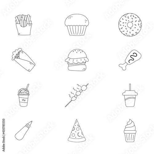 fast food icons, single line, transparent, french fries, muffin, doughnut, taco, burger, chicken wing, meat, frappuccino, bbq, grilled, soda, drink, sauce, ketchup, pizza, ice cream