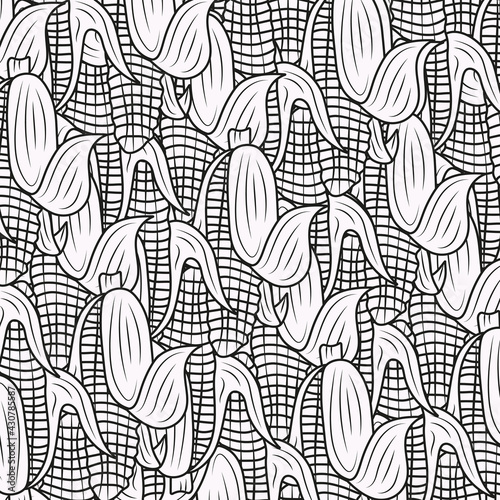 Wallpaper, background, packaging from an illustration of corn cobs in black and white. For restaurants, farming, vegetarianism, healthy food
