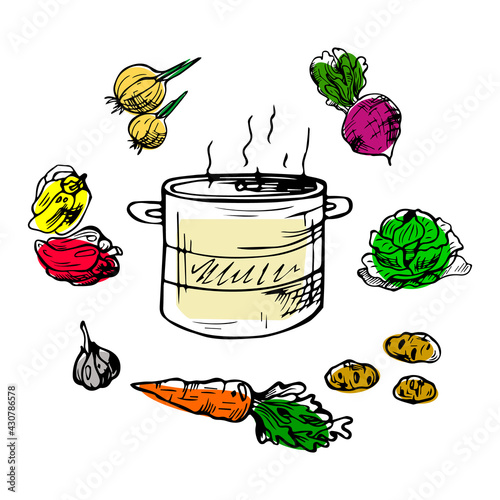 Pan with vegetables isolated on white background. Sketch hand drawn Hot Pot of Traditional Ukrainian Soup in Doodle outline style. Vector illustration for Poster, Brochure, Flyer, Recipes, Online menu