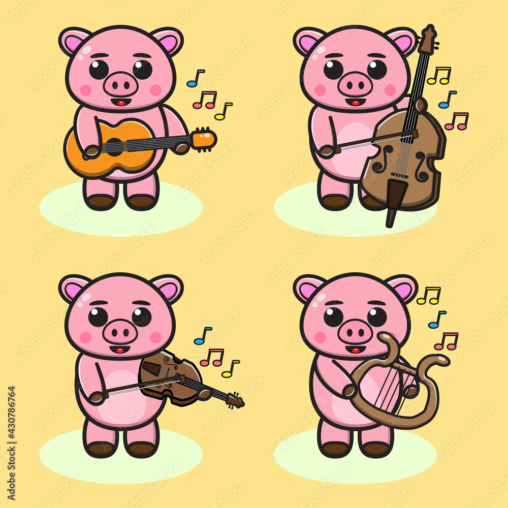 Vector illustration of cute Pig playing music Instrument . Cute Pig expression character design bundle. Vector illustration of cute Pig playing music Instrument . Cute Pig expression character design bundle.