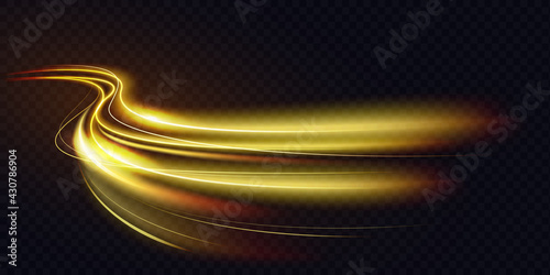 Abstract shiny color gold wave light effect vector illustration. Magic golden luminous glow design element on dark background, orange and yellow luminosity, abstract neon motion glowing wavy lines photo