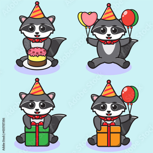 Vector illustration of cute Raccoon Party cartoon. Cute Raccoon expression character design bundle. Good for icon  logo  label  sticker  clipart.