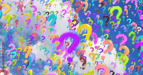 Many colored 3D question mark symbols, descend, on sky background.