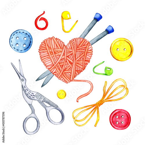 Watercolor illustration of a set of knitting tools. Knitting needles, scissors, buttons, markers and a skein in the shape of a heart. DIY tools for needlework, creativity. Isolated over white. 