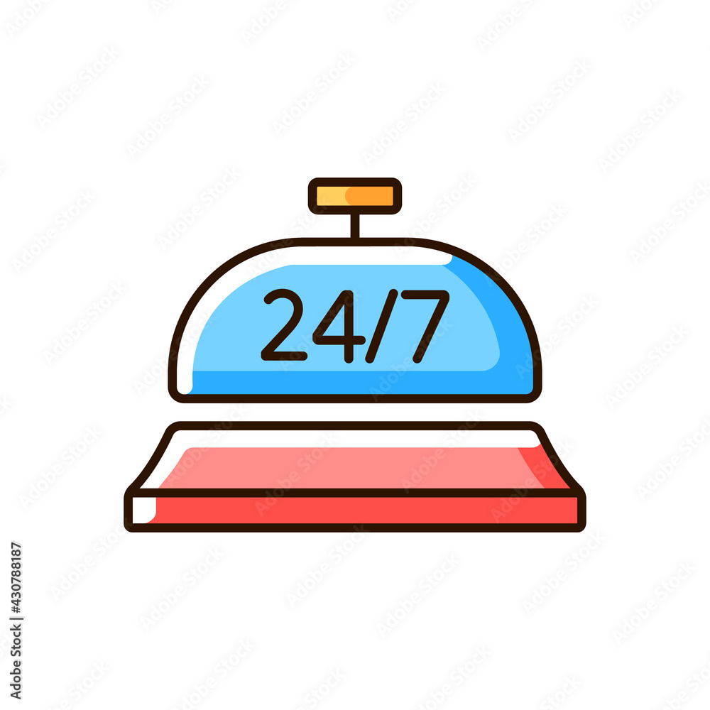 24 hour concierge service RGB color icon. Person who takes charge of all arrangements and solves any issues that may arisee in hotel. Isolated vector illustration 24 hour concierge service RGB color icon. Person who takes charge of all arrangements and solves any issues that may arisee in hotel. Isolated vector illustration