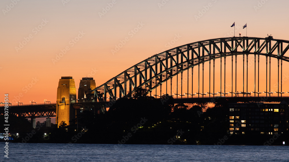 Close-up view of Sydney Harbour Bridge at dusk.