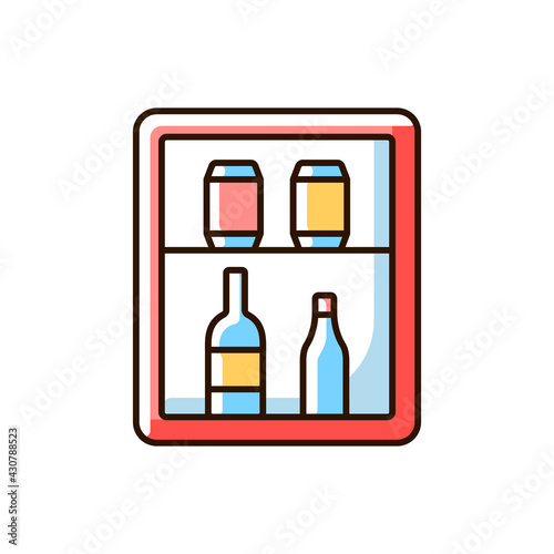 Mini bar RGB color icon. Small refrigerator in hotel room or cruise ship stateroom which contains snacks and drinks. Guest is charged for goods consumed. Isolated vector illustration