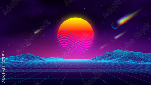 Synth wave retro city landscape background sunset 3d landscape with rainbow comets. Futuristic landscape 1980s style. Digital retro landscape cyber surface. 80s party background . Retro fashion Sci-Fi