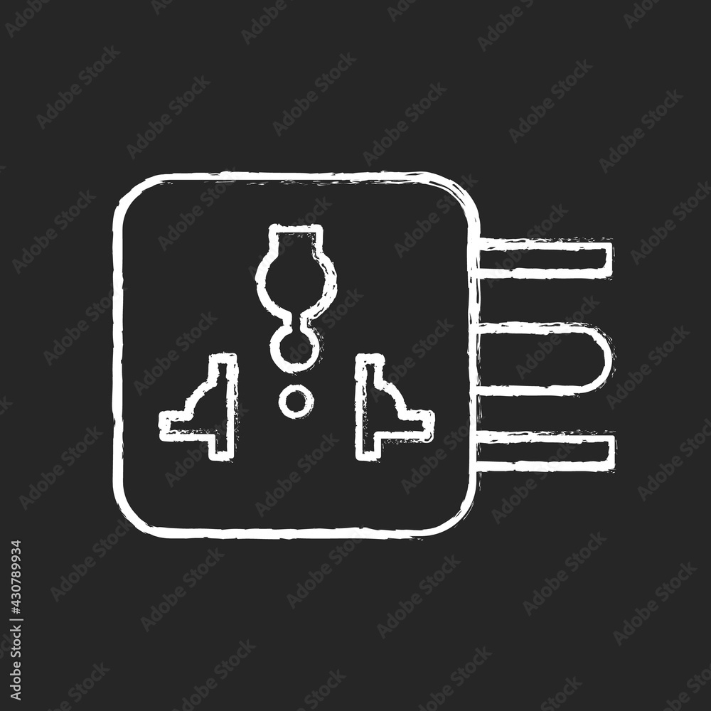 Travel adapter chalk white icon on black background. International universal plug. Global standard outlet. Roadtrip gear. Electricity supply. Isolated vector chalkboard illustration Travel adapter chalk white icon on black background. International universal plug. Global standard outlet. Roadtrip gear. Electricity supply. Isolated vector chalkboard illustration