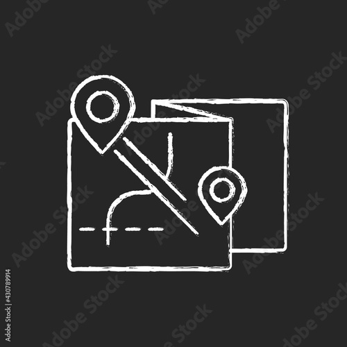 Nomadic tour chalk white icon on black background. Roadtrip planning. Map with gps pins for touring. Nomadic lifestyle. Camping trip necessities for traveler. Isolated vector chalkboard illustration