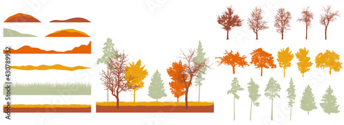 Creation of autumn beautiful park  forest  landscape  woodland  collection of design element. Constructor kit. Silhouettes of bare trees  spruce  pines and etc.  grass  hill. Vector illustration.
