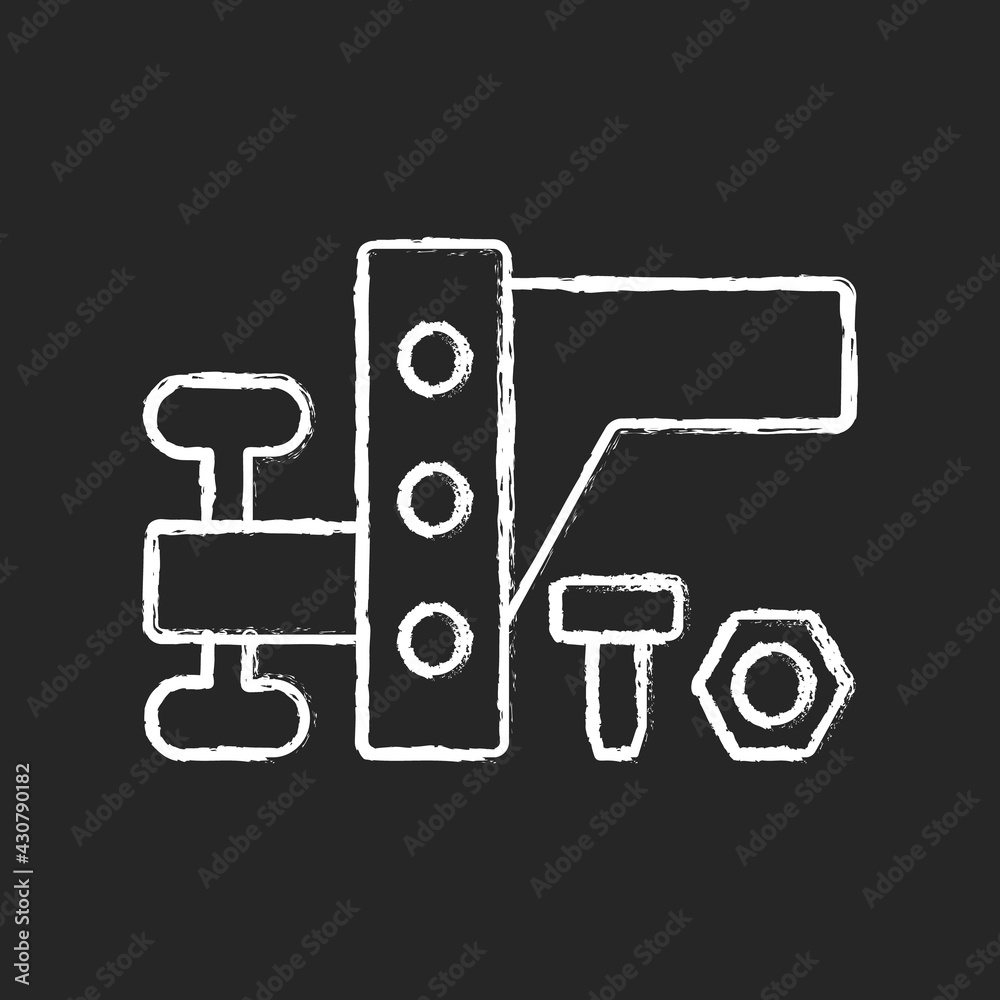 Trailer towing equipment chalk white icon on black background. Van mechanism. Car transmission. Roadtrip gear. Automobile tools for nomadic lifestyle. Isolated vector chalkboard illustration Trailer towing equipment chalk white icon on black background. Van mechanism. Car transmission. Roadtrip gear. Automobile tools for nomadic lifestyle. Isolated vector chalkboard illustration
