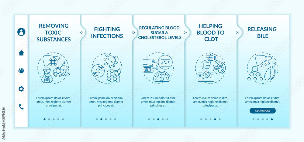 Liver purposes onboarding vector template. Responsive mobile website with icons. Web page walkthrough 5 step screens. Blood sugar, cholesterol levels regulation color concept with linear illustrations