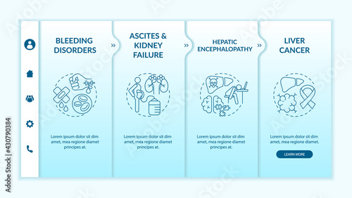 Hepatic disease outcome onboarding vector template. Responsive mobile website with icons. Web page walkthrough 4 step screens. Kidney failure, encephalopathy color concept with linear illustrations