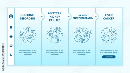 Hepatic disease outcome onboarding vector template. Responsive mobile website with icons. Web page walkthrough 4 step screens. Kidney failure, encephalopathy color concept with linear illustrations photo