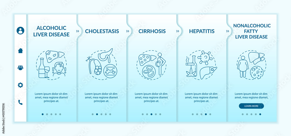 Hepatic impairment types onboarding vector template. Responsive mobile website with icons. Web page walkthrough 5 step screens. Cirrhosis, hepatitis color concept with linear illustrations