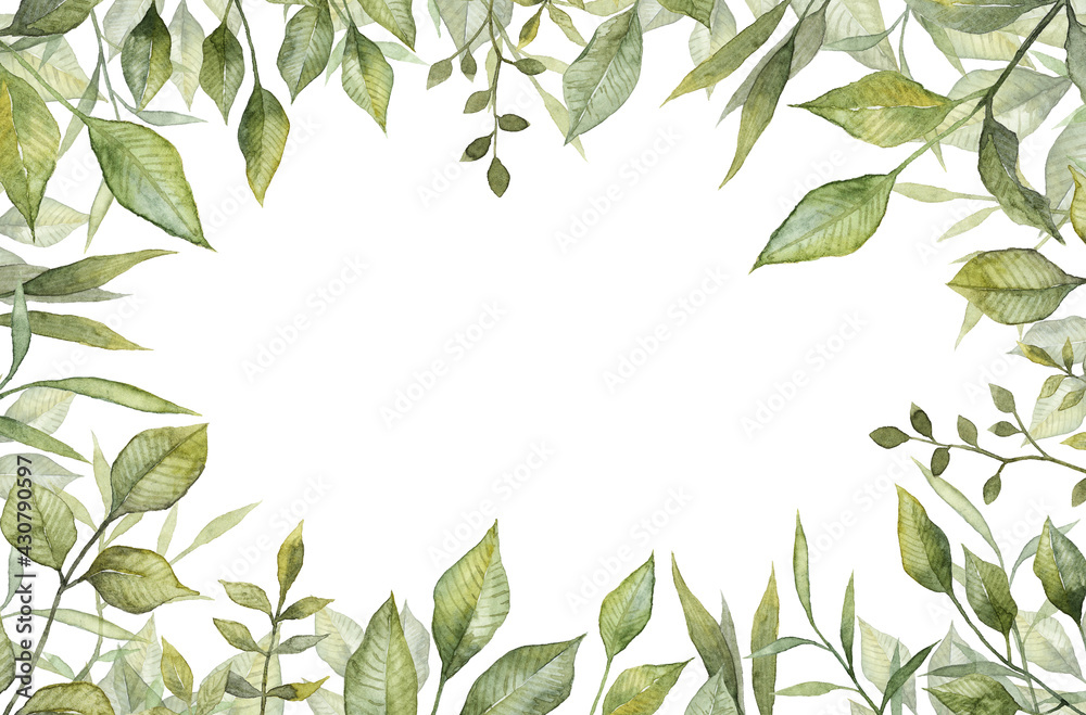 Floral frame template with copy space. Horizontal banner with botanical green leaves