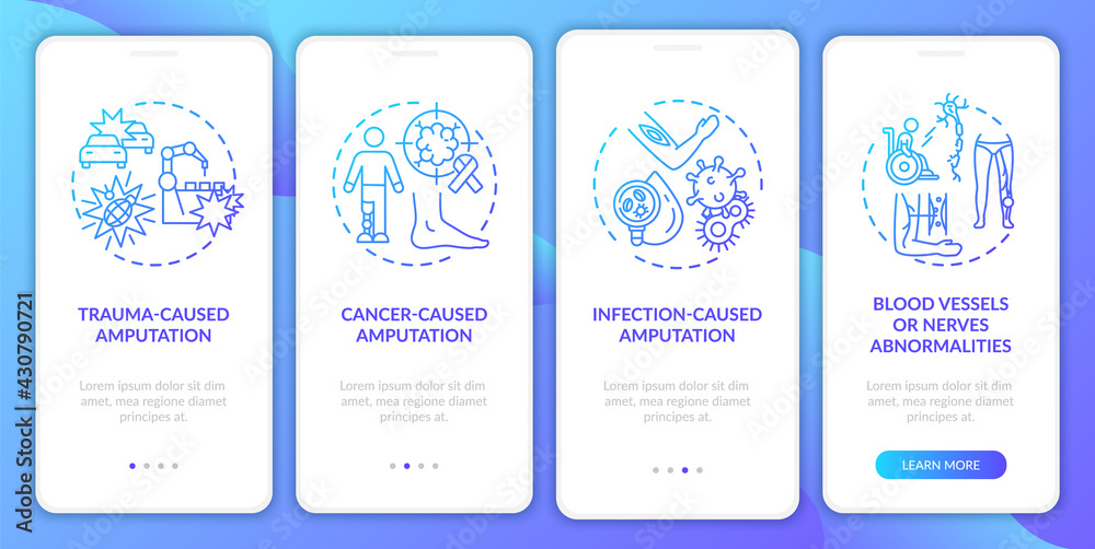 Amputation purposes onboarding mobile app page screen with concepts. Surgical removal walkthrough 4 steps graphic instructions. UI, UX, GUI vector template with linear color illustrations
