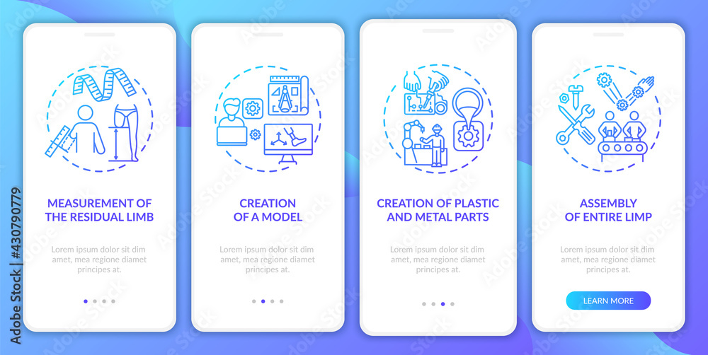 Prosthesis manufacturing onboarding mobile app page screen with concepts. Metal parts creation walkthrough 4 steps graphic instructions. UI, UX, GUI vector template with linear color illustrations