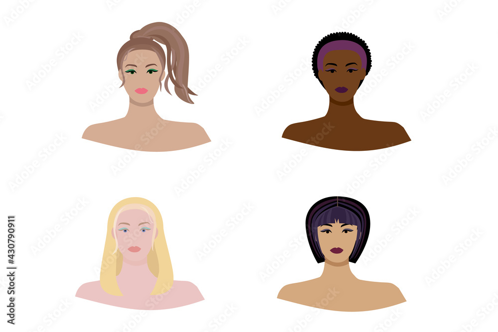 Vector set beautiful women icon portraits with different types of haircut, hair color and skin color. Vector set beautiful women icon portraits with different types of haircut, hair color and skin color.