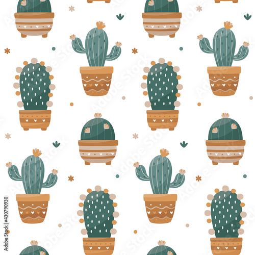 Seamless vector pattern with home plants: cactus and succulents