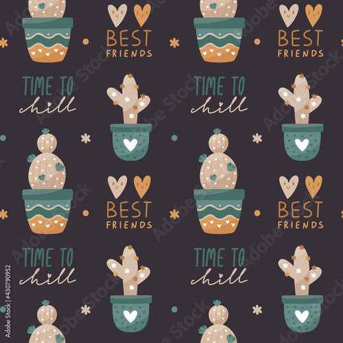 Seamless vector pattern with home plants: cactus and succulents and tags
