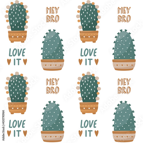 Seamless vector pattern with home plants: cactus and succulents and tags