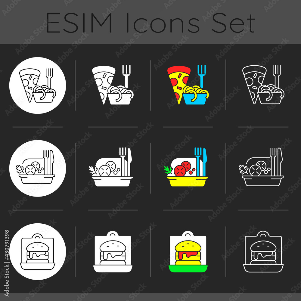 Fototapeta premium Takeaway and delivery option dark theme icons set. Pizza, pasta. Salads. Sandwiches, burgers. Italian cuisine. Fast food. Linear white, solid glyph and RGB color styles. Isolated vector illustrations
