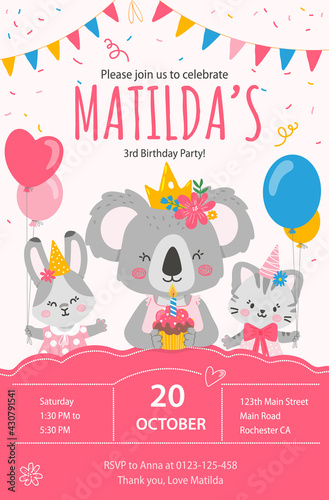 Happy birthday invitation,card template with koala,rabbit and cat girls characters.Vector illustration in flat style.