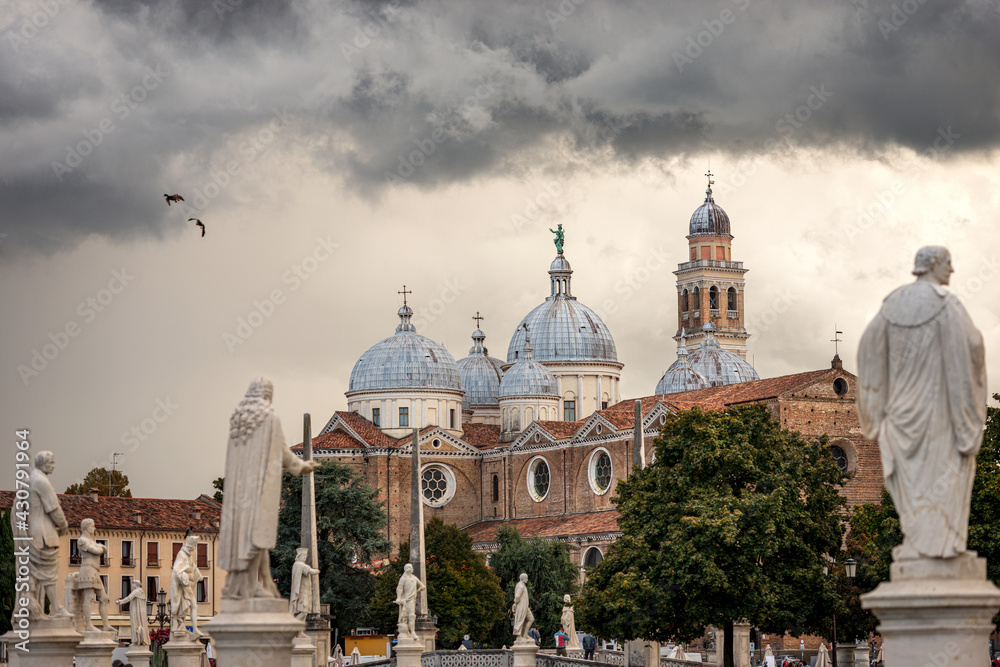 Padua downtown, Basilica and Abbey of Santa Giustina (St. Justina, V-XVII century) and the Prato della Valle square, Veneto, Italy, Europe.