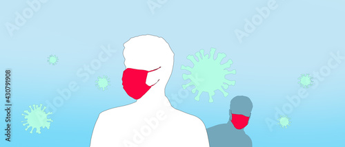 Coronavirus COVID-19 social distancing and Silhouette people in Rad medical face mask concept of prevention on Blue background - 3d rendering