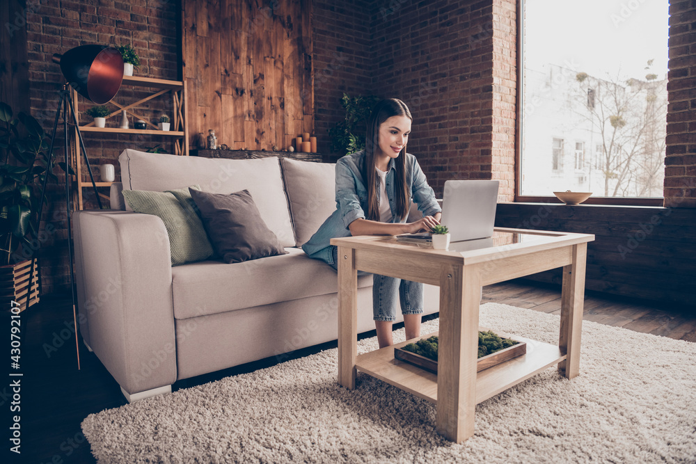 Full body photo of serious focused young woman look computer write blog freelancer indoors inside house home Full body photo of serious focused young woman look computer write blog freelancer indoors inside house home