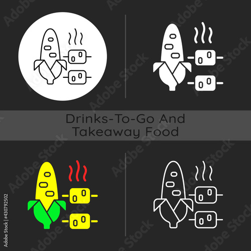 Boiled and grilled corn dark theme icon. Summery side dish. Barbecue, popcorn. Nutritious meal. Sweetcorn. Linear white, simple glyph and RGB color styles. Isolated vector illustrations