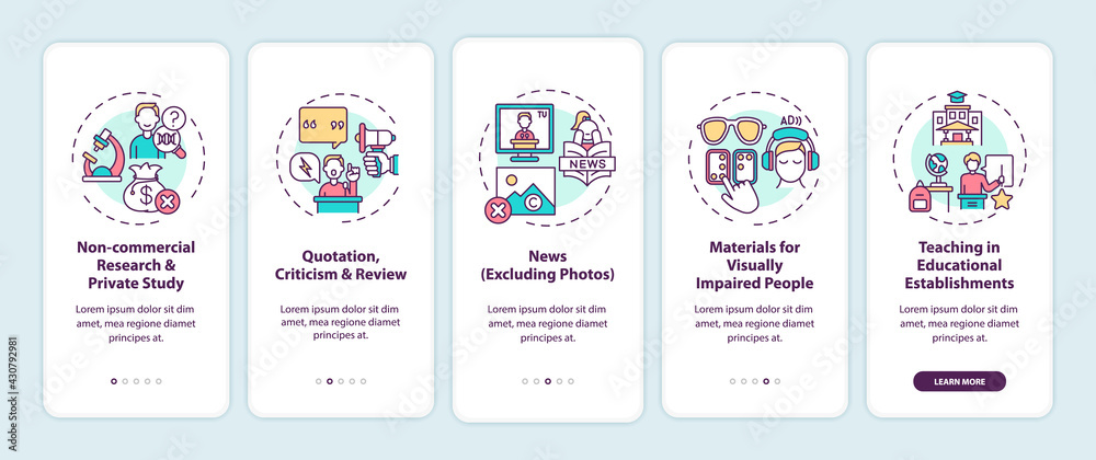 Exceptions to copyright onboarding mobile app page screen with concepts. Private research, review walkthrough 5 steps graphic instructions. UI, UX, GUI vector template with linear color illustrations