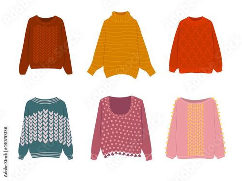 Flat vector cartoon collection of cozy warm sweaters in different colors and shapes. Set of women's knitted clothing on a white background