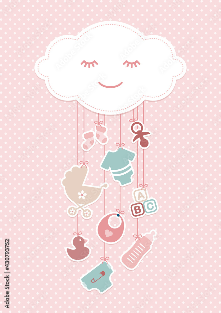 Babykarte Mädchen Wolke & Hängende Icons Punkte Rosa Mintgrün