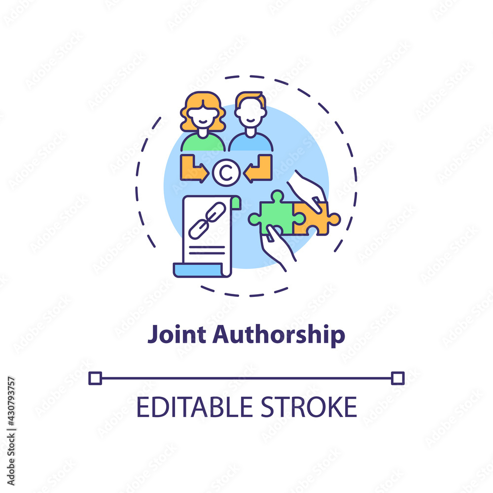 Joint authorship concept icon. Copyright law special rule idea thin line illustration. Joint work. Co-owners, collaborators, co-authors. Vector isolated outline RGB color drawing. Editable stroke