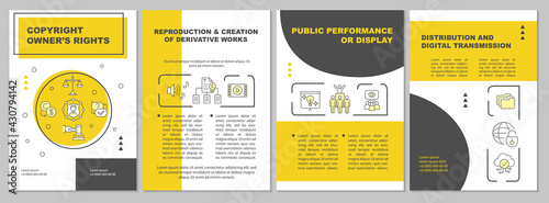 Copyright owners rights brochure template. Public performance. Flyer, booklet, leaflet print, cover design with linear icons. Vector layouts for presentation, annual reports, advertisement pages