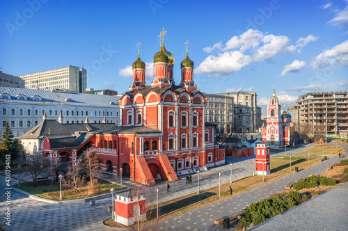 View of the Cathedral of the Sign and the Church of St. George on Varvarka Street from Zaryadye Park in Moscow