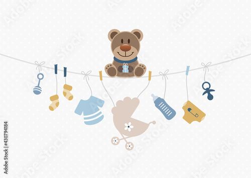 Teddy & Baby Icons Junge Wäscheleine Punkte Retroblau Senfgelb