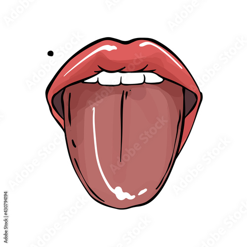 Women lips with tongue out , sexy mouth with red lips tshirt print in vector . modern beauty joy art