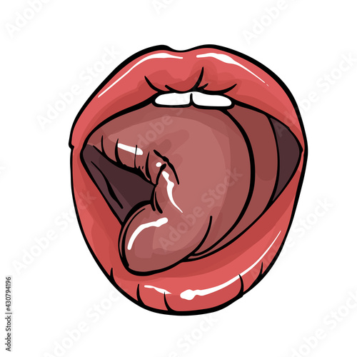 Mouth showing tongue out, pink lips with tongue sexy art, vector mouth illustration. Women full lips, Red lips showing tongue