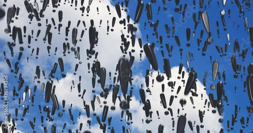 Many symbols of black 3d exclamation mark, descend, on sky background.