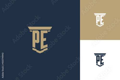 PE monogram initials logo design with pillar icon. Attorney law logo design